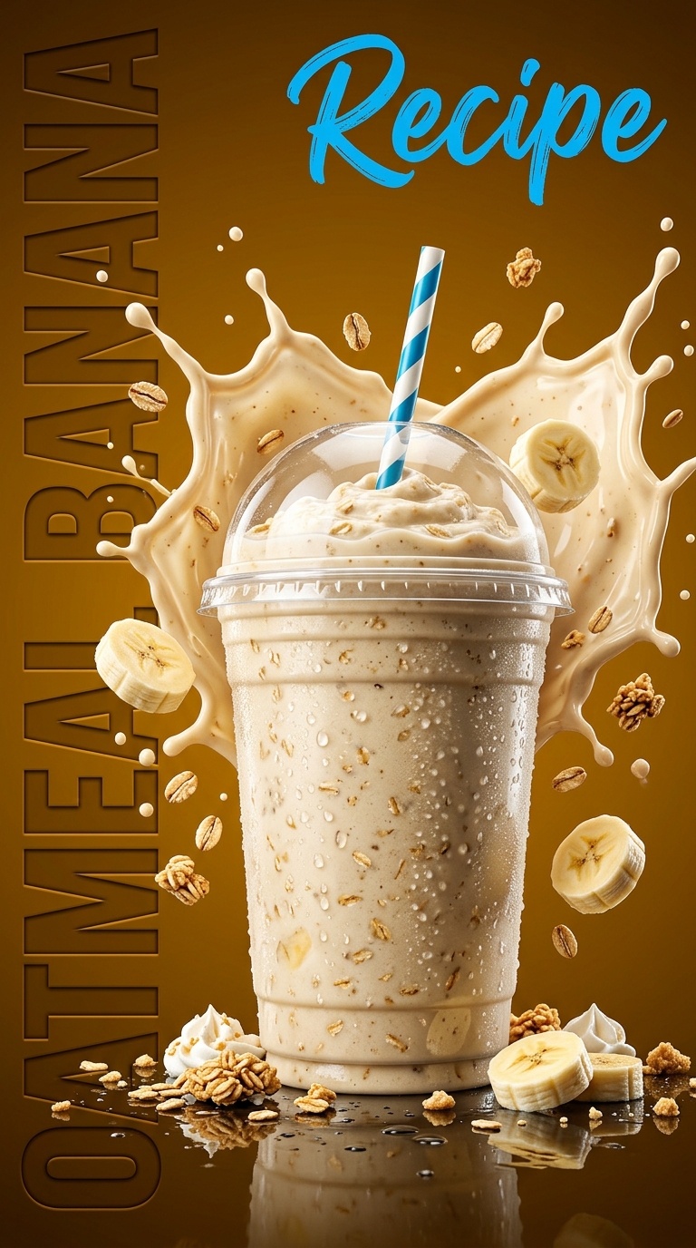 Creamy oatmeal banana milkshake topped with oats and cinnamon in a chilled glass