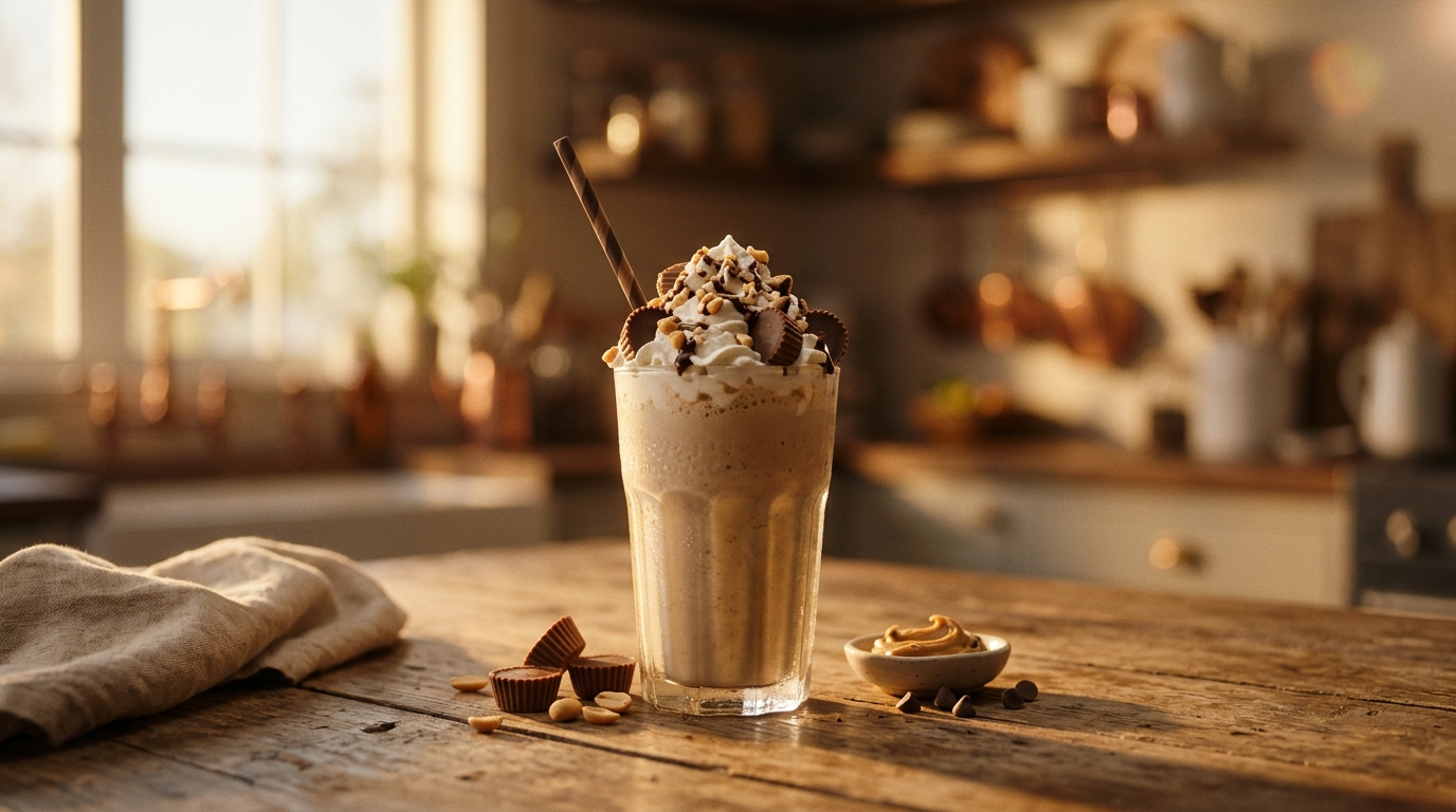 Finished peanut butter cup milkshake ready to enjoy