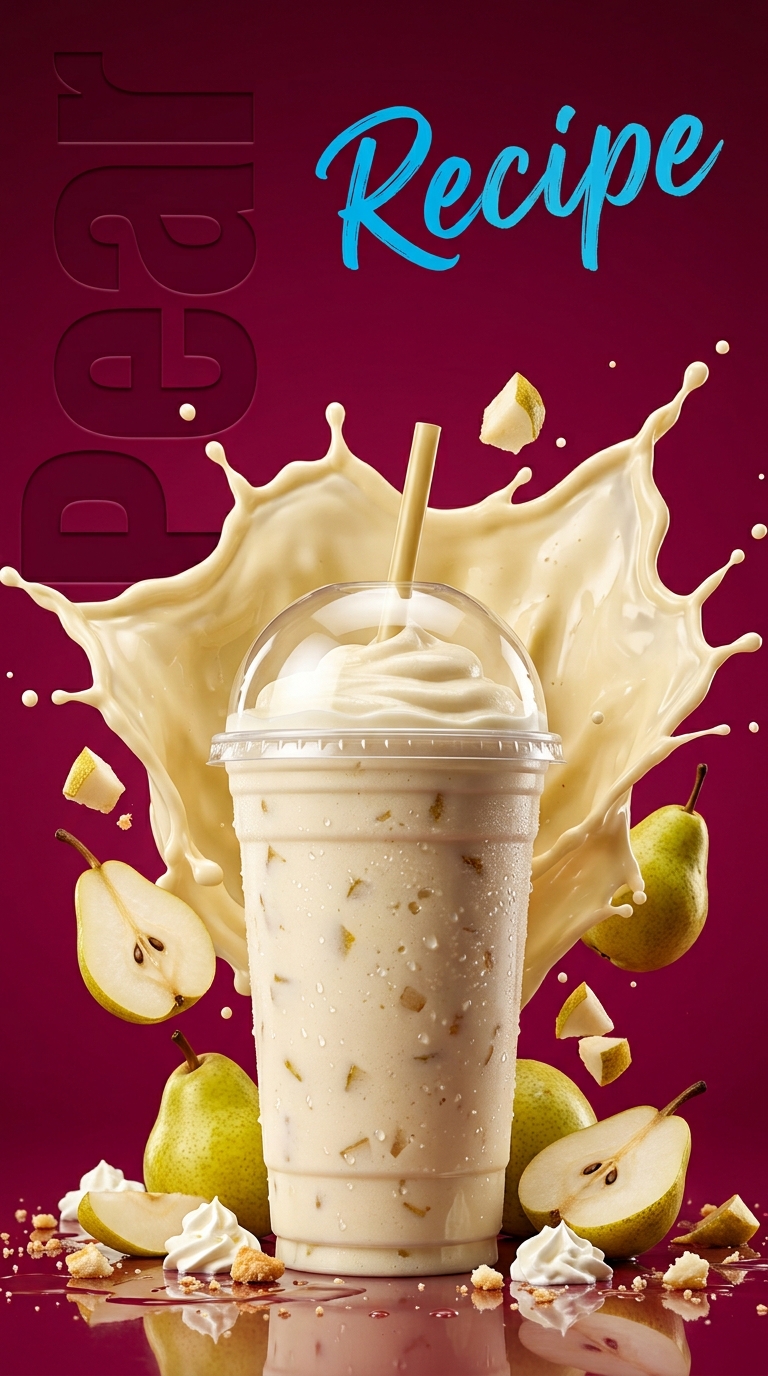 Creamy pear milkshake topped with whipped cream in a chilled glass
