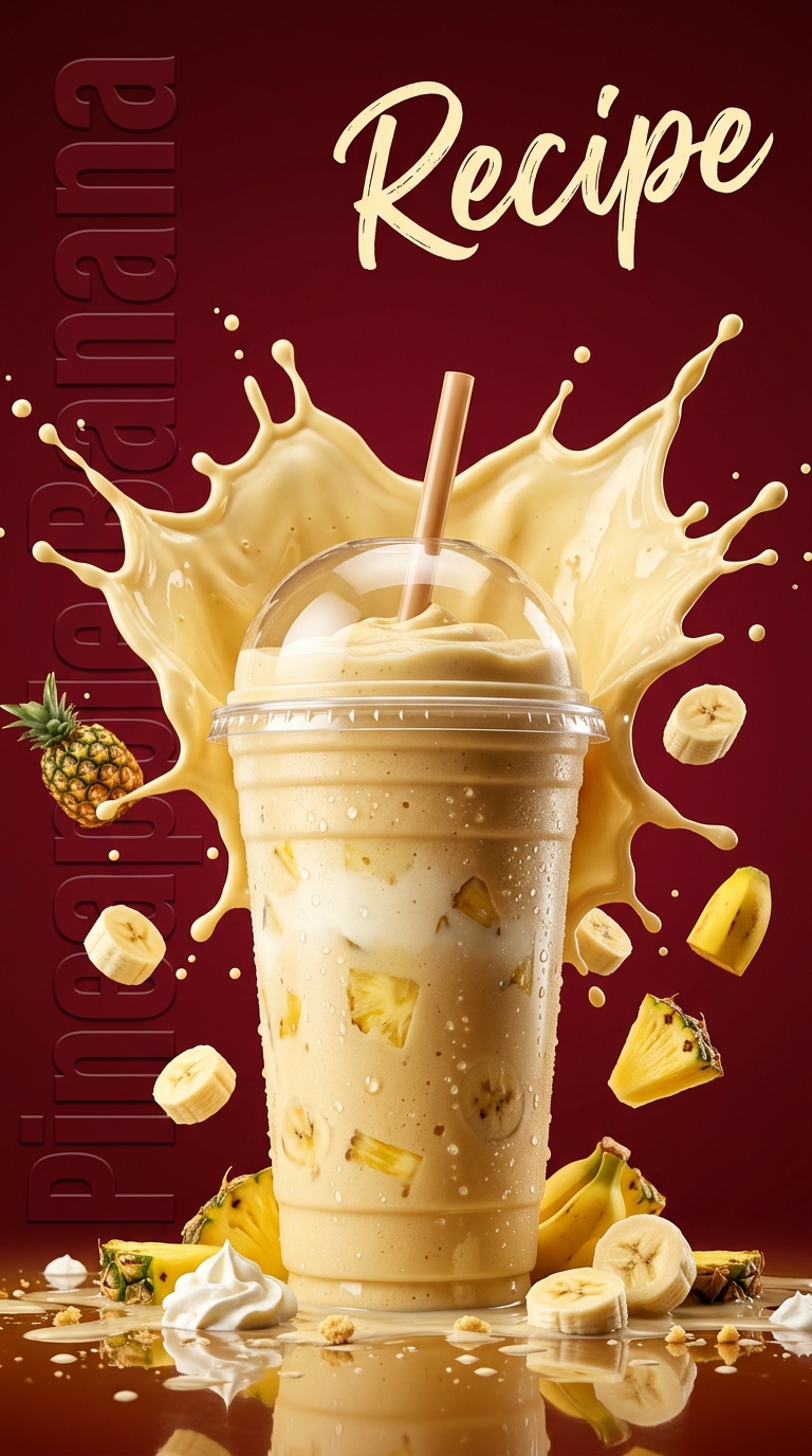 Creamy pineapple banana milkshake topped with whipped cream and a pineapple wedge