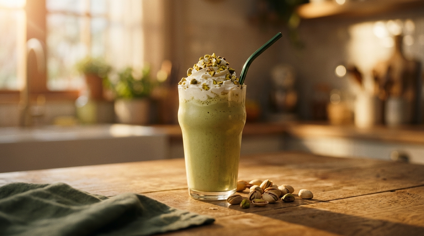 Finished pistachio milkshake ready to enjoy