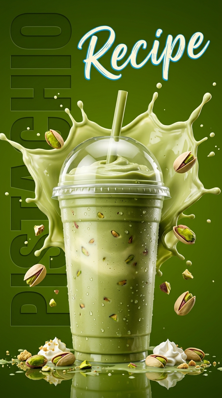 Creamy pale green pistachio milkshake topped with whipped cream and crushed pistachios