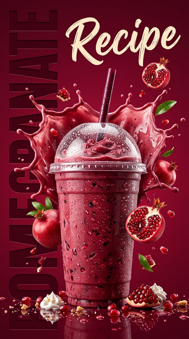 Creamy pink pomegranate milkshake topped with whipped cream and pomegranate seeds in a chilled glass