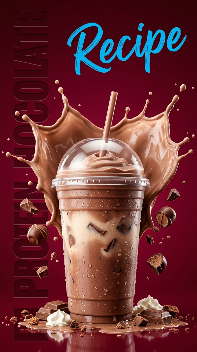 Creamy protein chocolate milkshake topped with whipped cream in a chilled glass