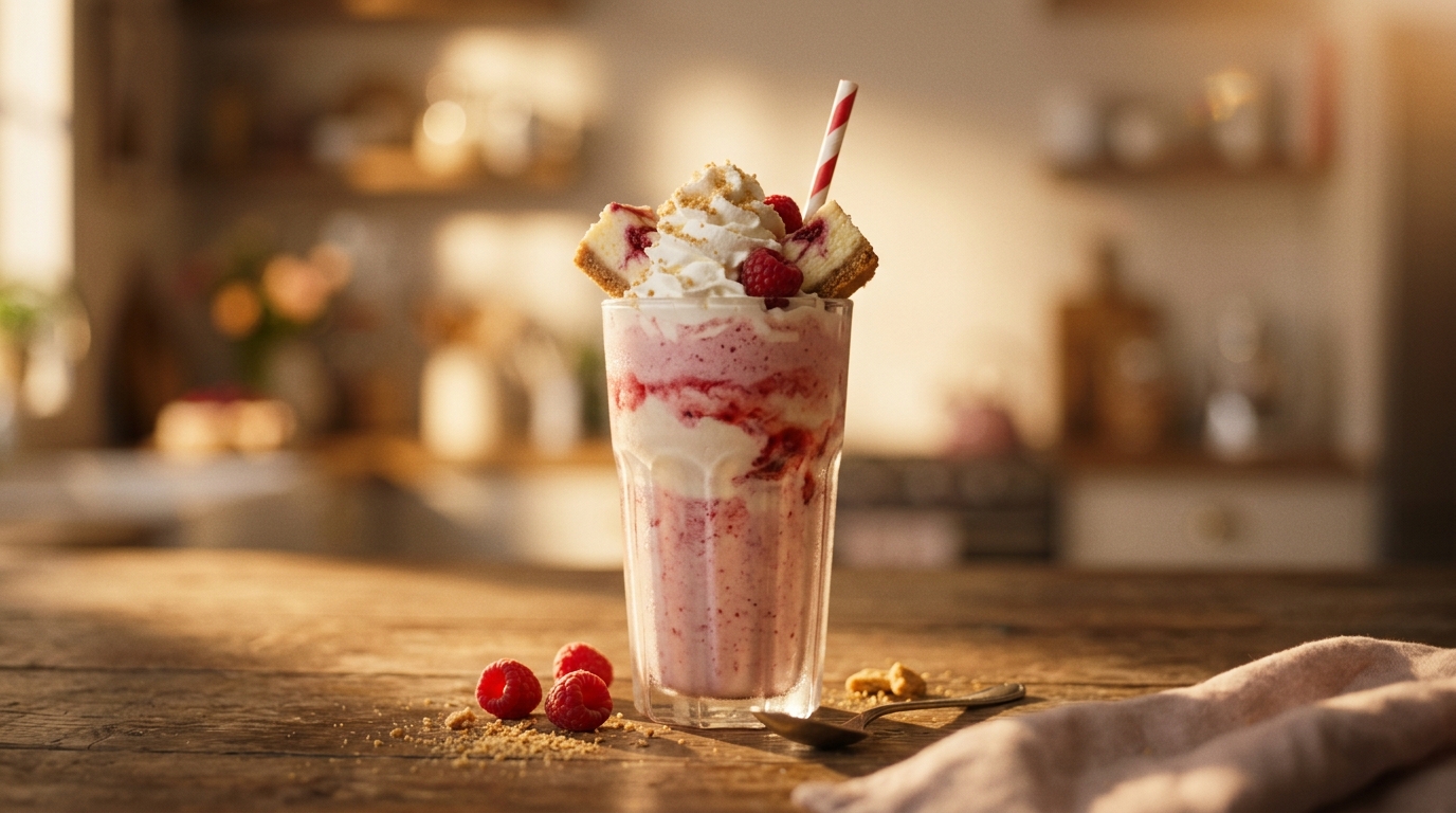 Finished raspberry cheesecake milkshake ready to enjoy