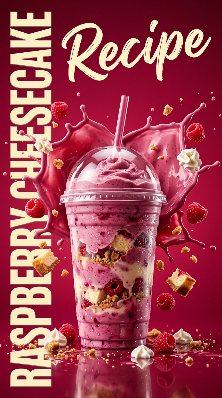 Pink raspberry cheesecake milkshake topped with whipped cream and graham crumbs