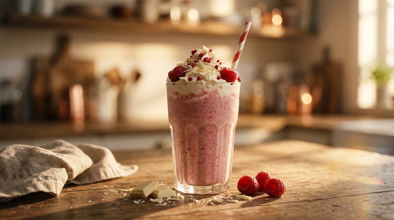 Finished raspberry white chocolate milkshake ready to enjoy