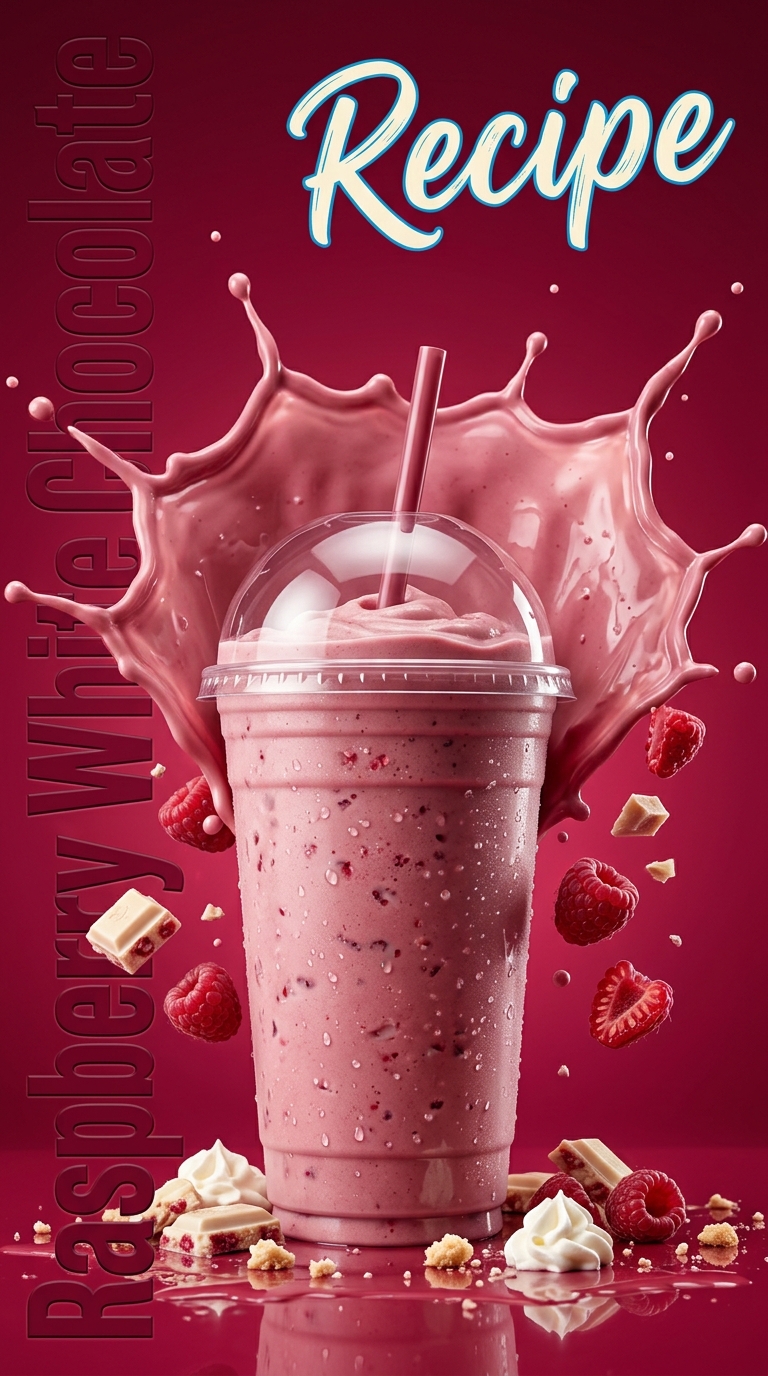 Creamy pink raspberry white chocolate milkshake topped with whipped cream and raspberries