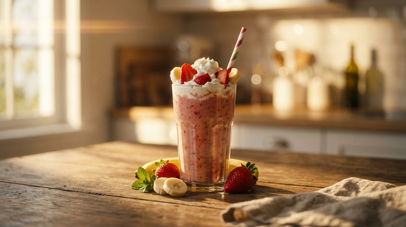 Finished strawberry banana milkshake ready to enjoy