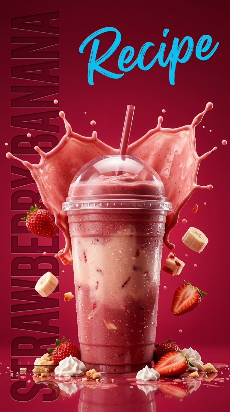 Creamy pink strawberry banana milkshake topped with whipped cream and a strawberry