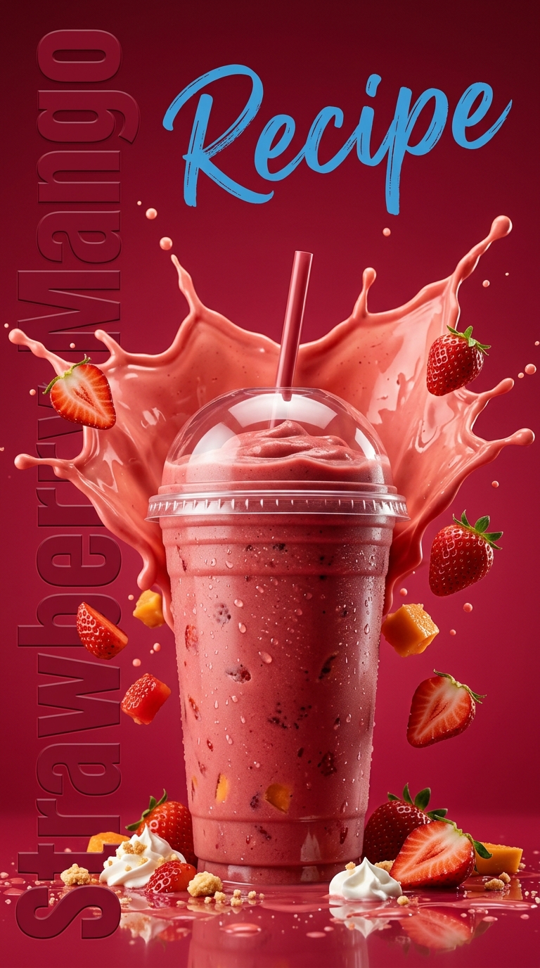 Creamy orange-pink strawberry mango milkshake topped with whipped cream and fruit