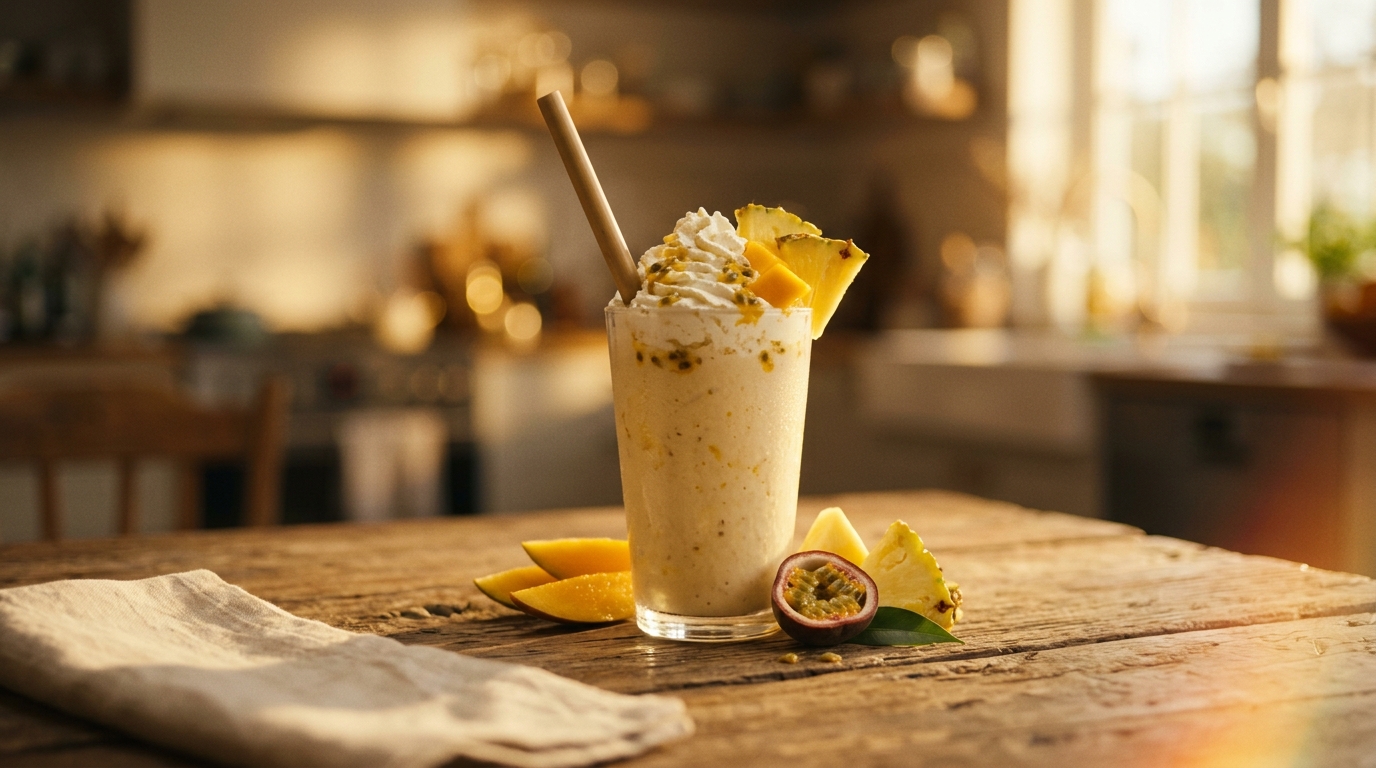 Finished tropical fruit milkshake ready to enjoy