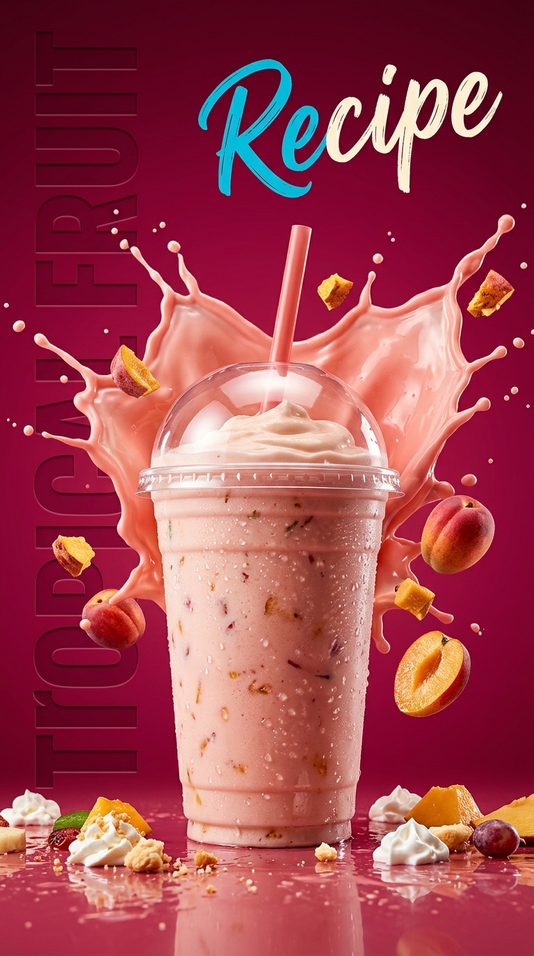 Creamy tropical fruit milkshake topped with whipped cream and tropical fruit