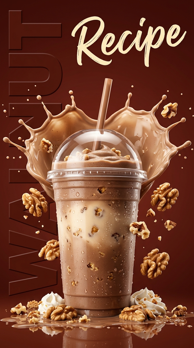 Creamy walnut milkshake topped with whipped cream and chopped walnuts